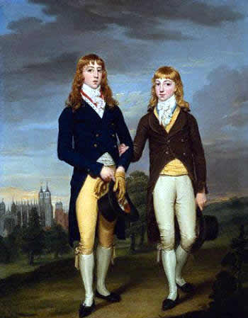 Portrait of Two Eton School Boys in Admontem Dress, Eton Chapel Behind by Francis Alleyne, ca. 1774-1790